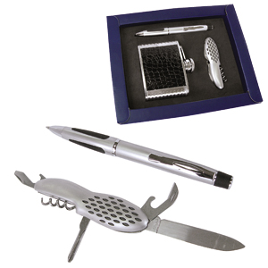 Набор: авторучка, фляжка и нож складной; 22х17х3,5 см; металл, искусственная кожа; лазерная гравиров