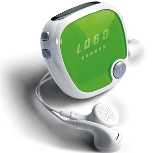 FM-радио c шагомером и наушниками; зеленый с белым; 4,9х4,9х2,8 см; пластик; тампопечать