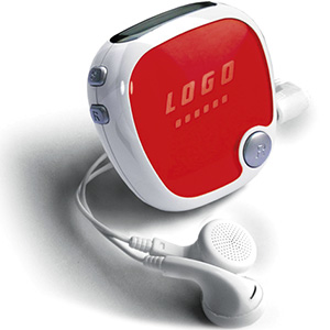 FM-радио c шагомером и наушниками; красный с белым; 4,9х4,9х2,8 см; пластик; тампопечать
